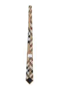 Burberry men’s silk tie in beige with red check pattern and classic diagonal grid design