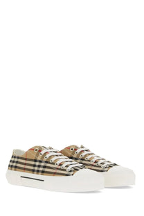 Burberry men’s sneaker check beige low-top sneaker with beige and black check canvas and white rubber soles