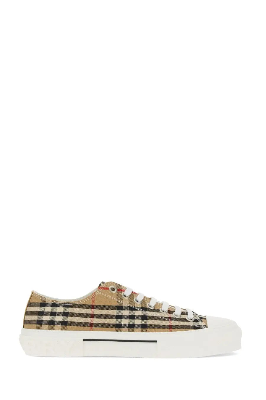 Burberry men’s sneaker check beige canvas sneaker with beige black and red checkered pattern and white rubber sole