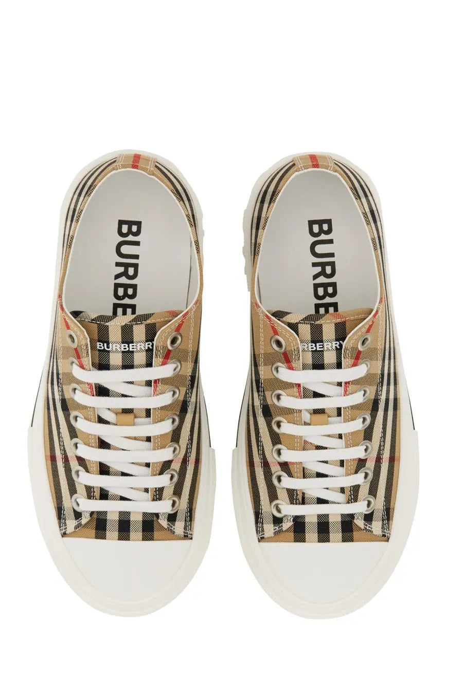 Burberry men’s sneaker check beige canvas sneakers with beige black and red stripes white laces and rubber sole