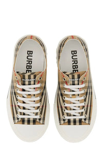 Burberry men’s sneaker check beige canvas sneakers with beige black and red stripes white laces and rubber sole