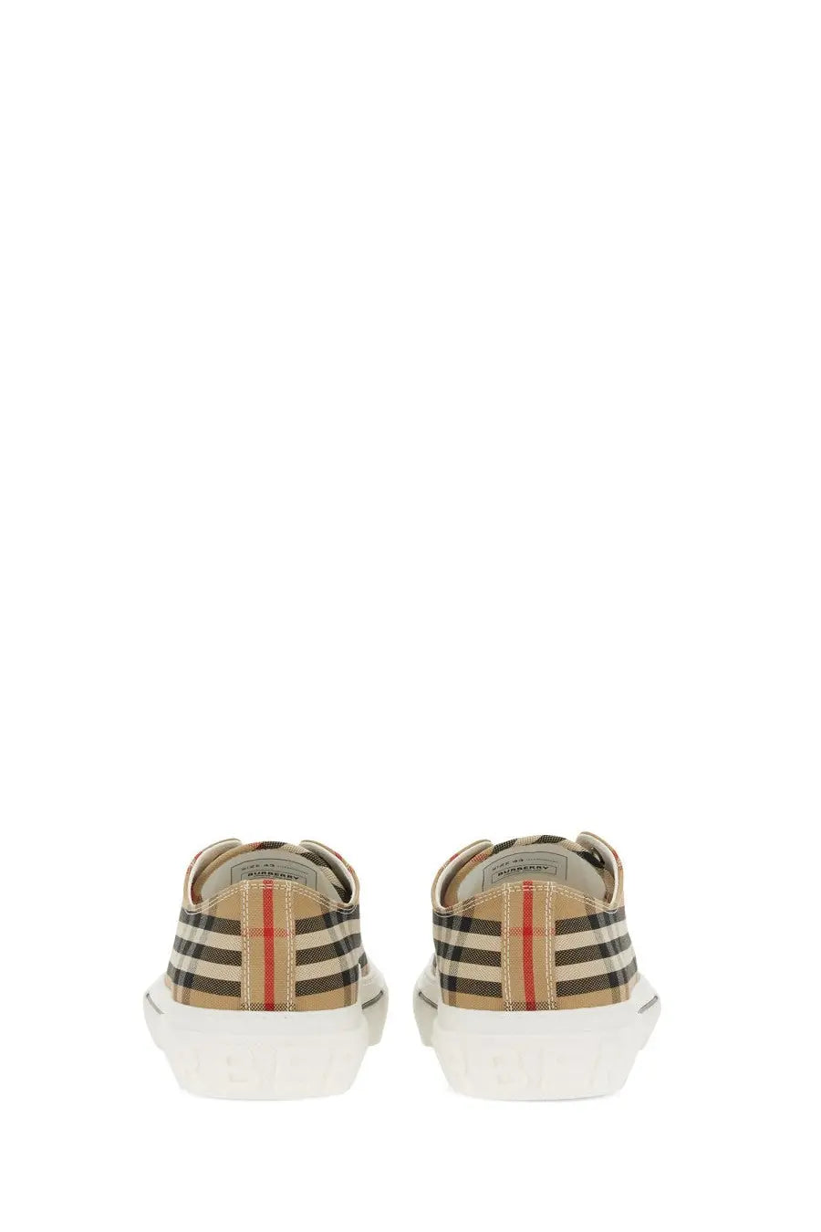 Burberry men’s sneaker check beige striped canvas sneakers with black and red accents and white rubber sole