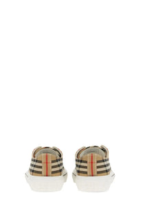 Burberry men’s sneaker check beige striped canvas sneakers with black and red accents and white rubber sole