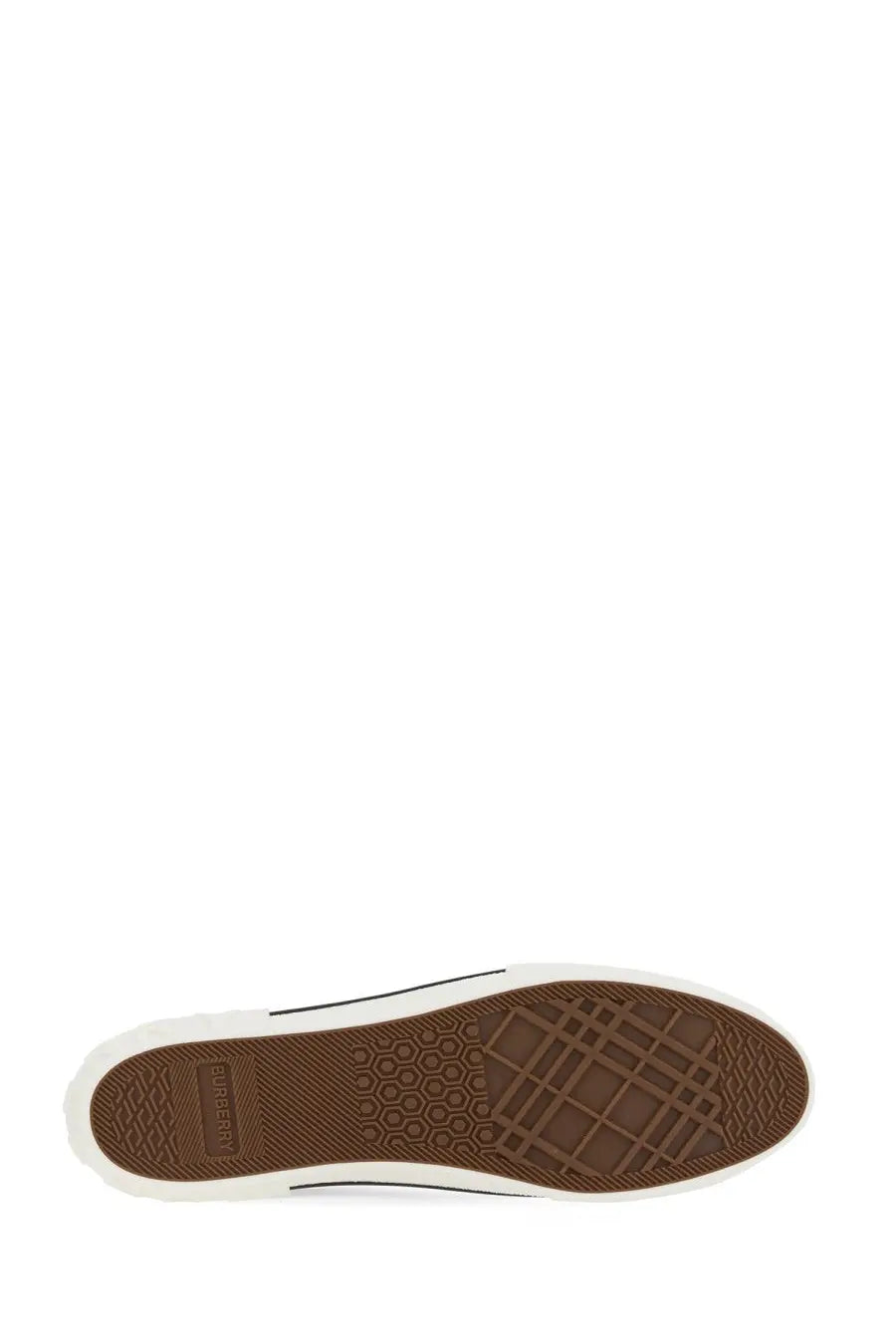 Burberry men’s sneaker check beige with brown rubber sole classic check pattern white edge and Burberry logo