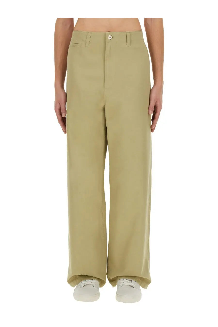 Burberry men’s beige straight leg trousers with khaki color, clean minimalist design, and single button waist closure
