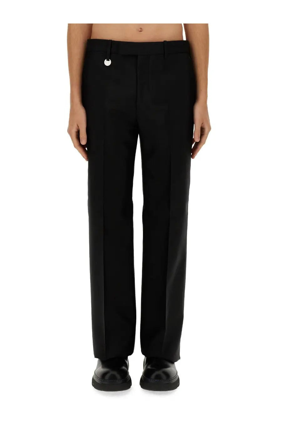 Burberry men’s tailored black trousers with a sleek straight-leg cut and subtle silver circular button waistband