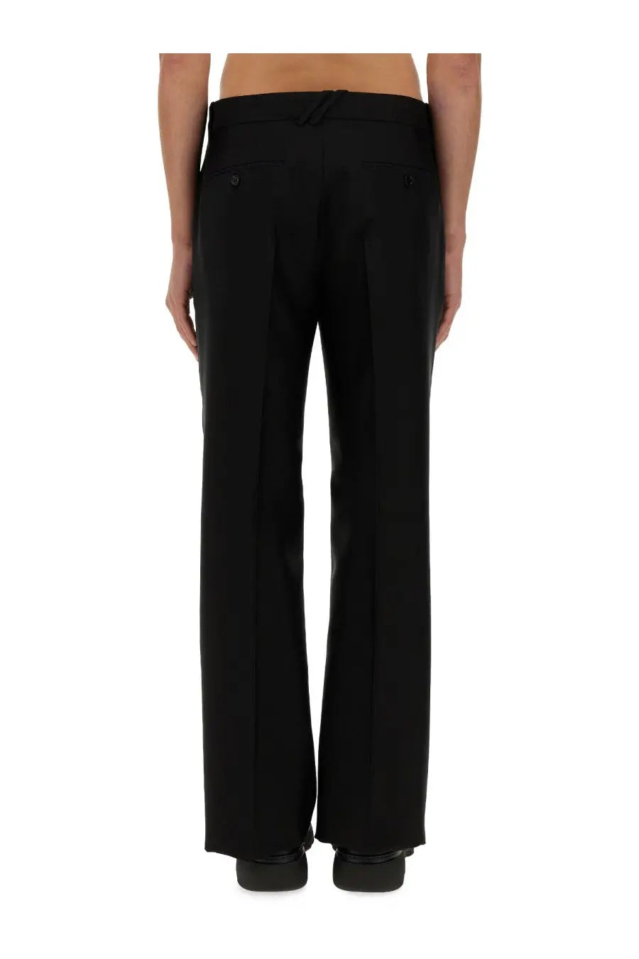 Burberry men’s tailored black trousers with straight-leg cut and subtle pleats at the back shown from behind
