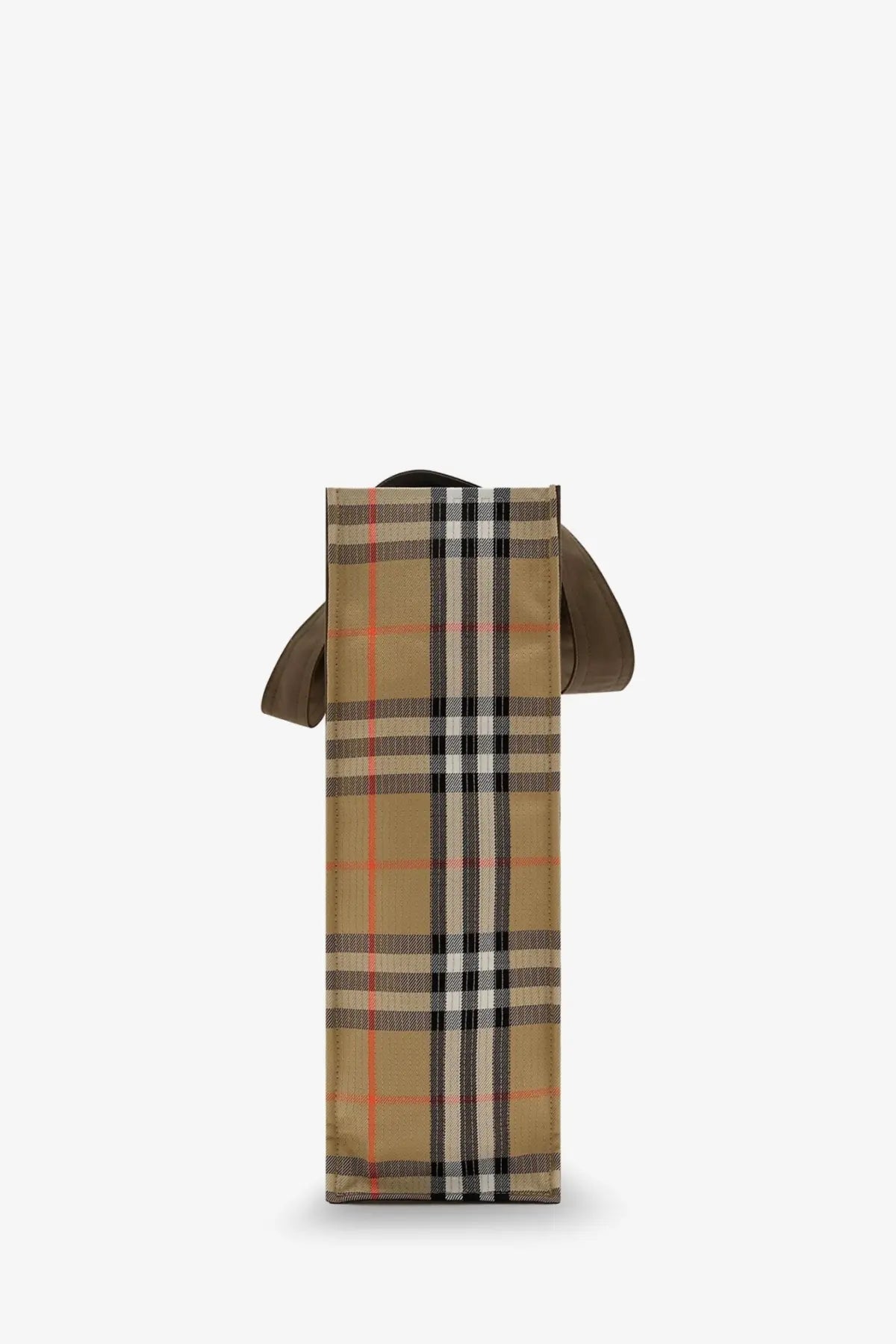 Beige and black plaid Burberry men’s canvas tote trench check shoulder bag with brown leather handles multicolor