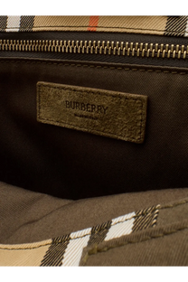 Brown leather burberry label embossed with brand name and made in italy on burberry men’s tote trench check bag