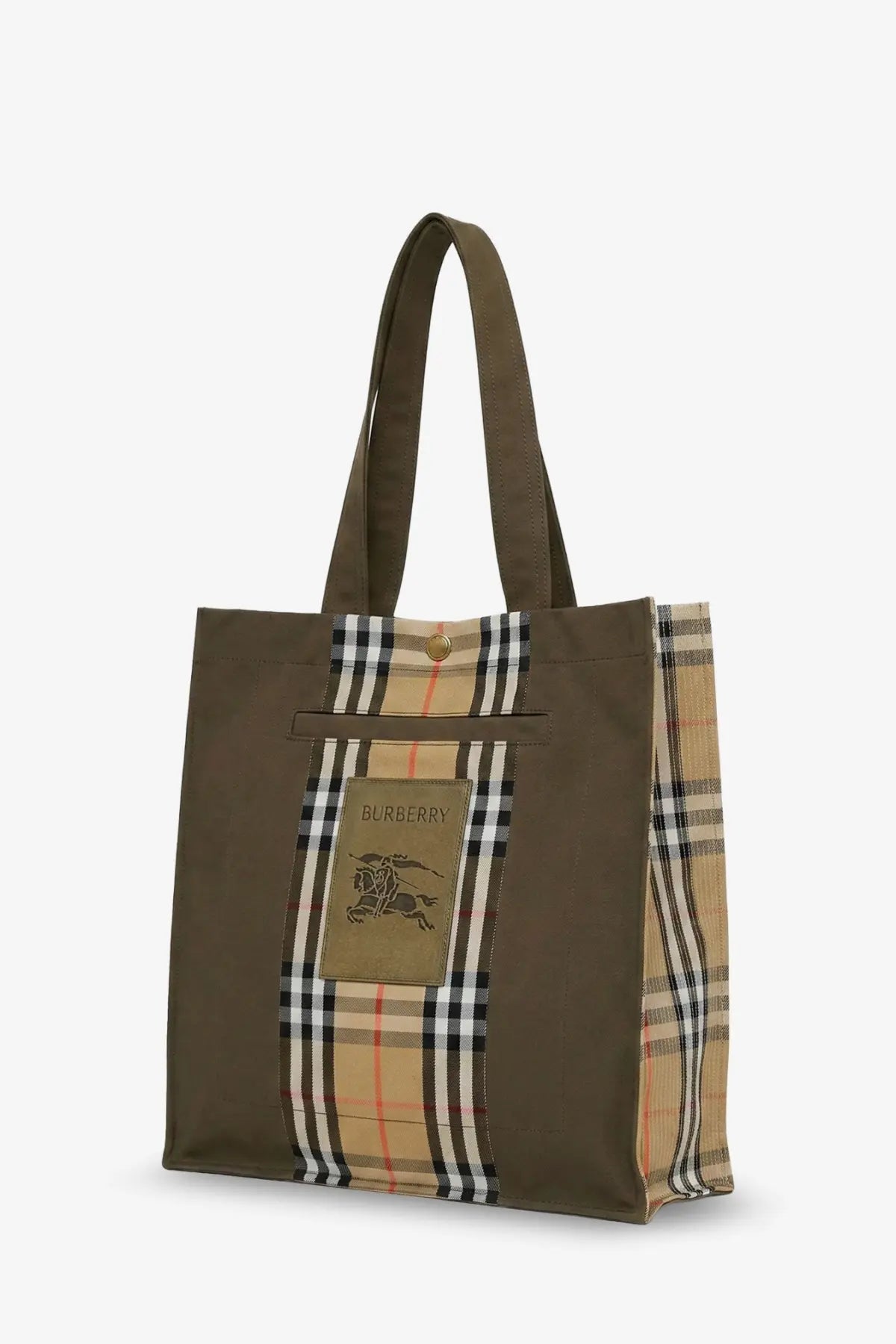 Brown burberry men’s tote trench check canvas shoulder bag with beige black and white checkered panels and gold button closure