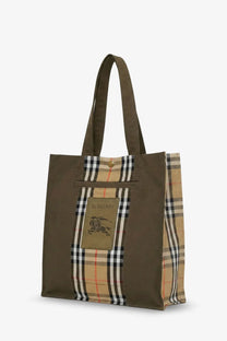 Brown burberry men’s tote trench check canvas shoulder bag with beige black and white checkered panels and gold button closure