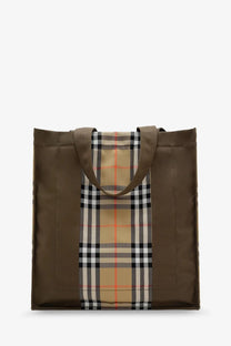 Brown canvas tote bag with burberry trench check vertical stripe for men shoulder bag multicolor
