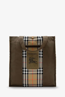 Brown burberry men’s tote trench check canvas shoulder bag with central plaid panel and leather logo patch