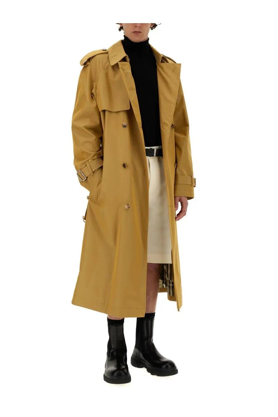 Burberry men’s beige trench coat with structured collar belted waist and double-breasted front in mustard yellow