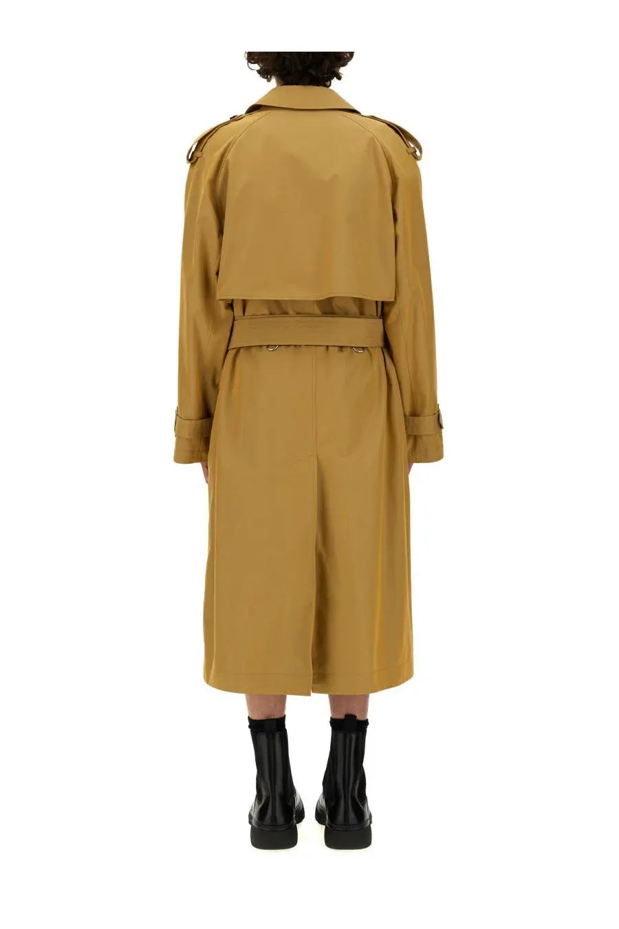 Burberry men’s trench coat in beige featuring structured mustard yellow fabric with a belted waist and epaulets