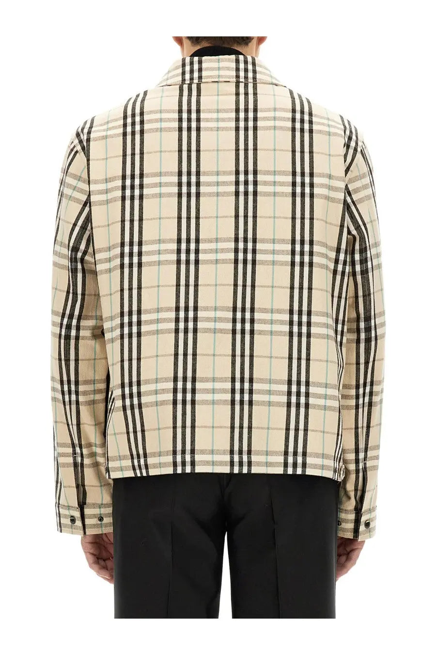 Burberry men’s vintage check beige plaid jacket with thin green lines, classic collar, and buttoned cuffs