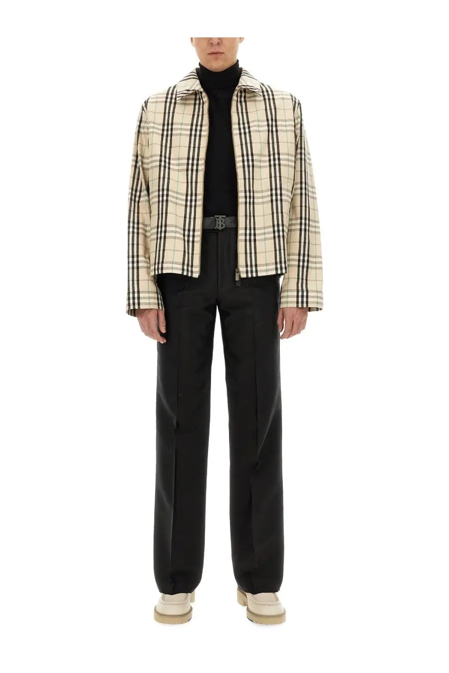 Burberry men’s vintage check beige quilted jacket with black plaid pattern and structured collar