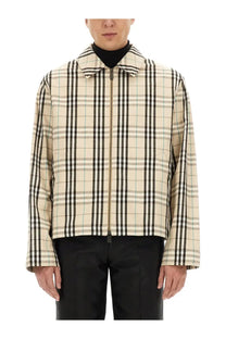 Burberry men’s vintage check beige zip-up jacket with classic collar in beige and black plaid pattern