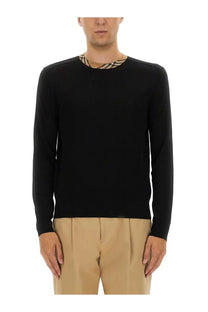 Burberry men’s wool jersey black long-sleeved sweater with beige and black checkered neckline pattern