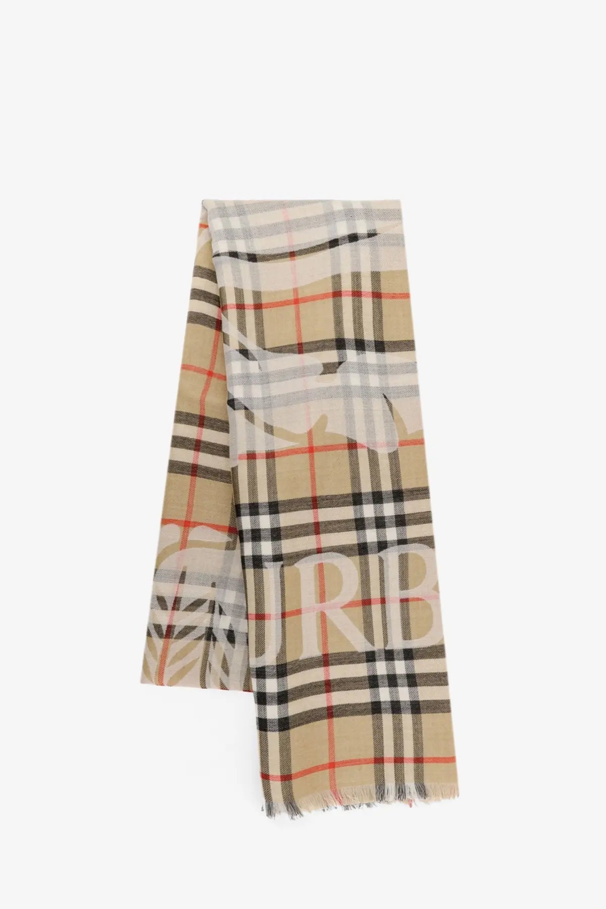 Beige black and red plaid burberry men’s wool and silk blend scarf with large white burberry logo printed on fabric