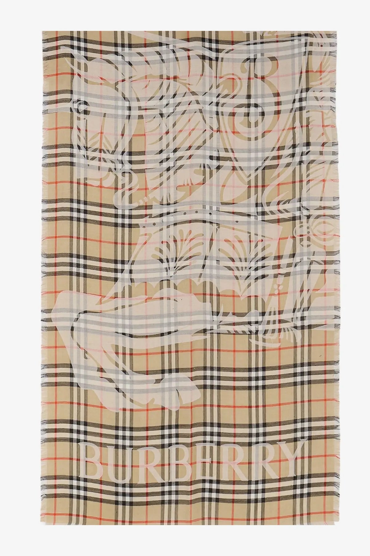 Beige Burberry men’s wool and silk blend scarf with black white and red plaid and large embroidered crest design