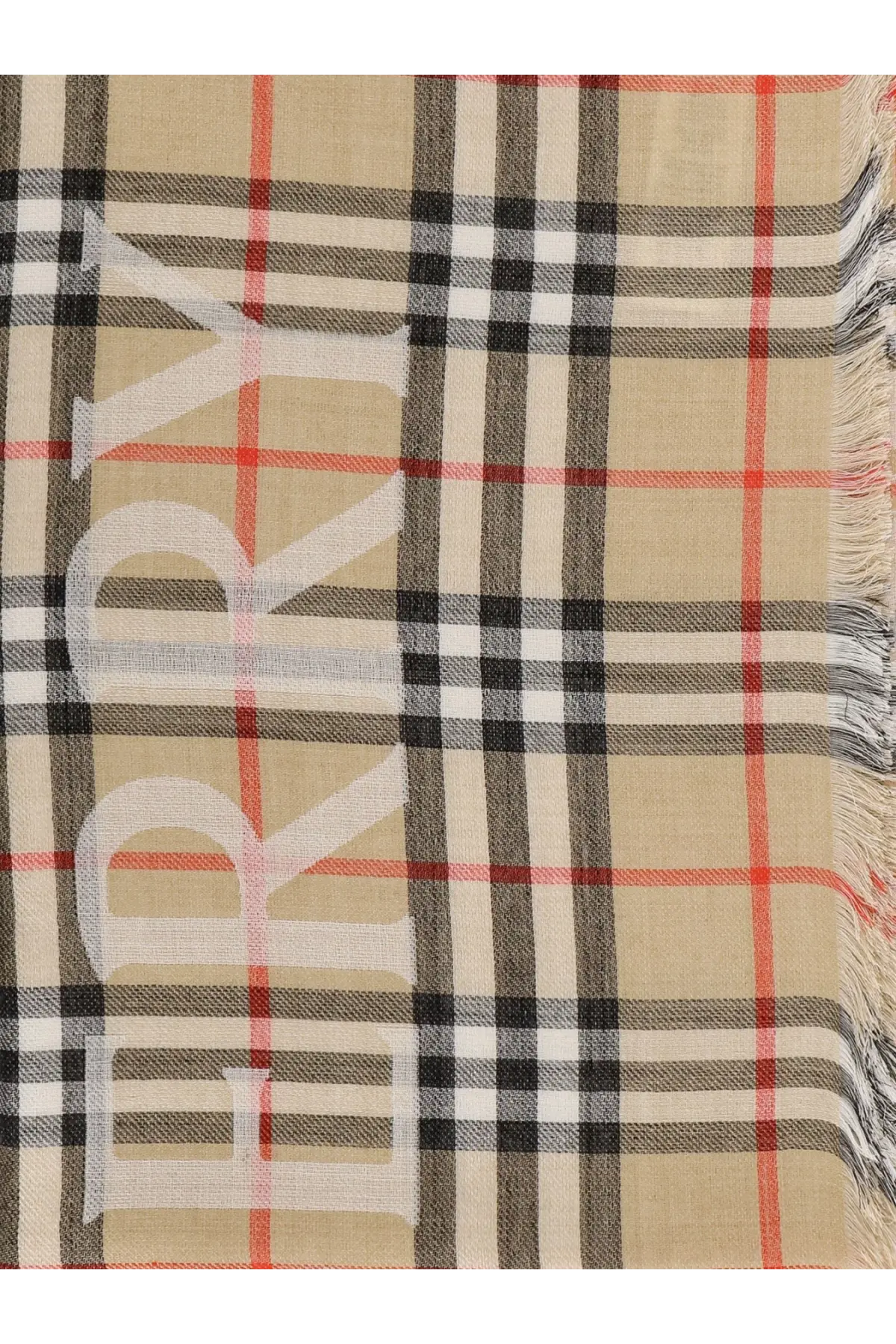 Beige burberry men’s wool and silk blend scarf with check pattern bold white burberry lettering and red black grey stripes