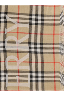 Beige burberry men’s wool and silk blend scarf with check pattern bold white burberry lettering and red black grey stripes