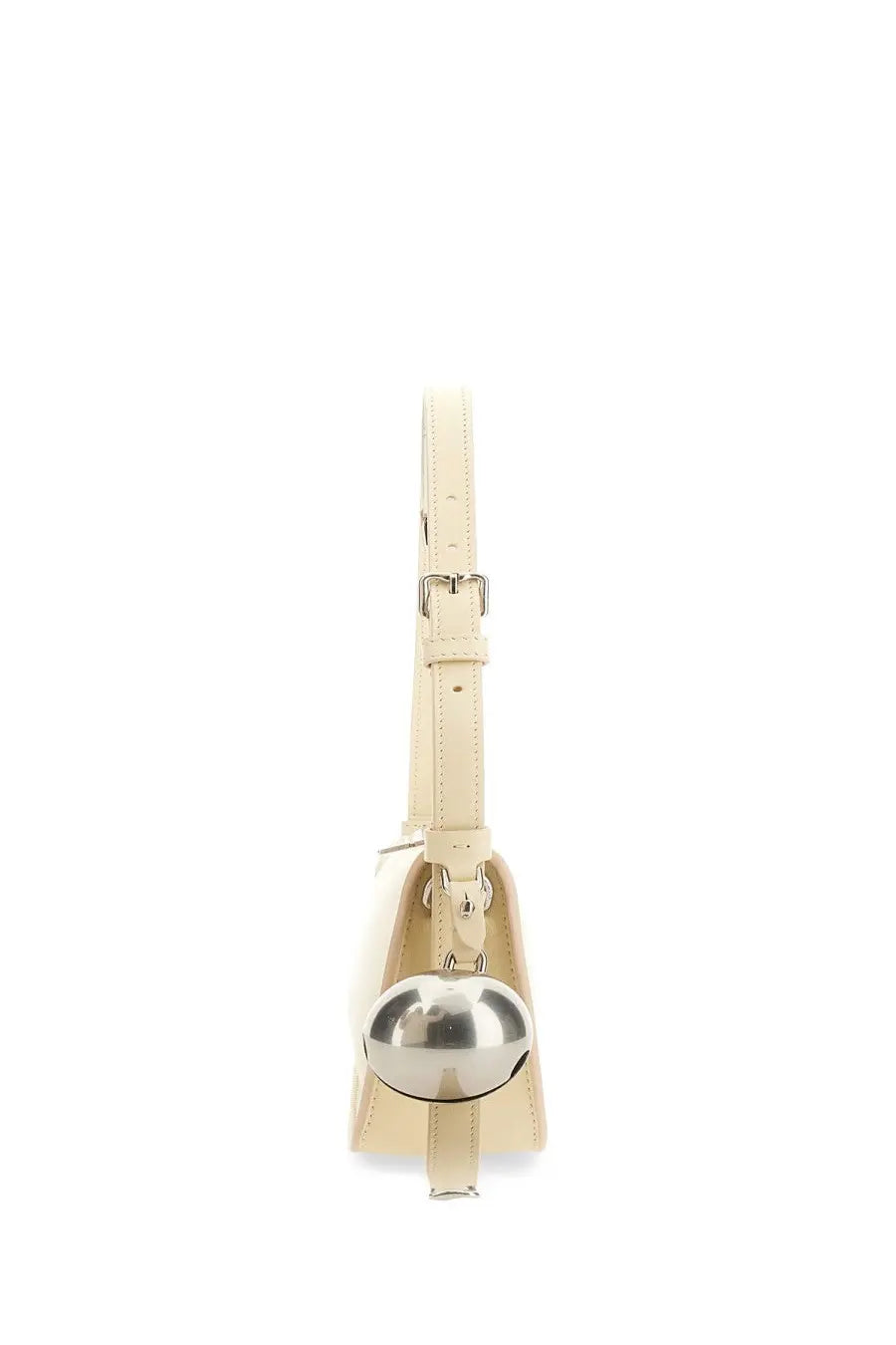 Cream-colored leather Burberry unisex mini shield shoulder bag with a prominent silver bell attached to the front