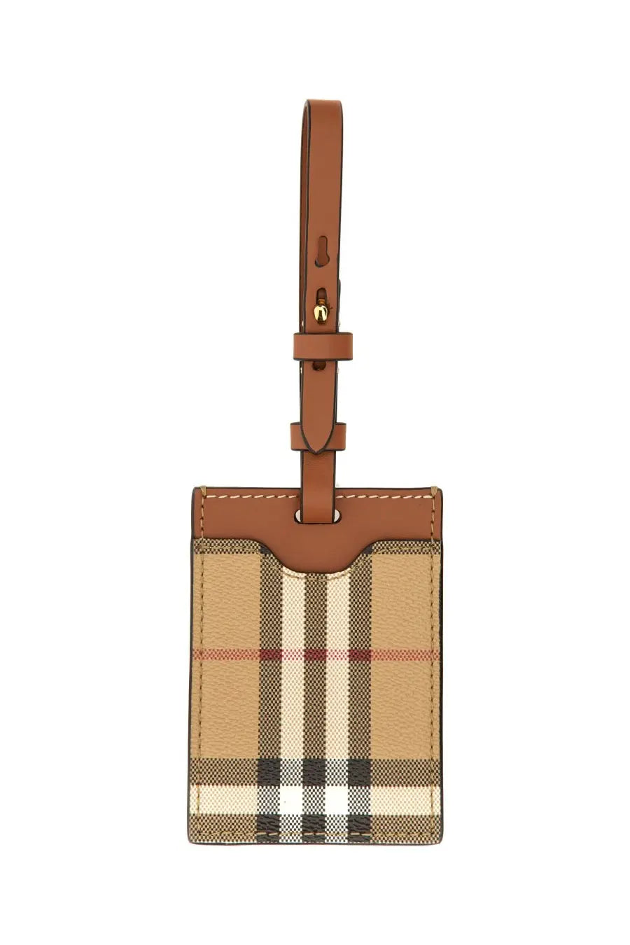 Burberry unisex checkered leather luggage tag in beige and brown with a tan strap for nameplate use