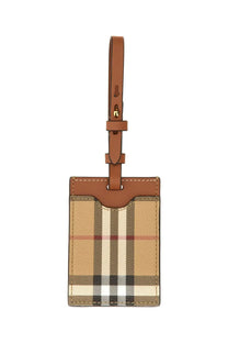 Burberry unisex checkered leather luggage tag in beige and brown with a tan strap for nameplate use
