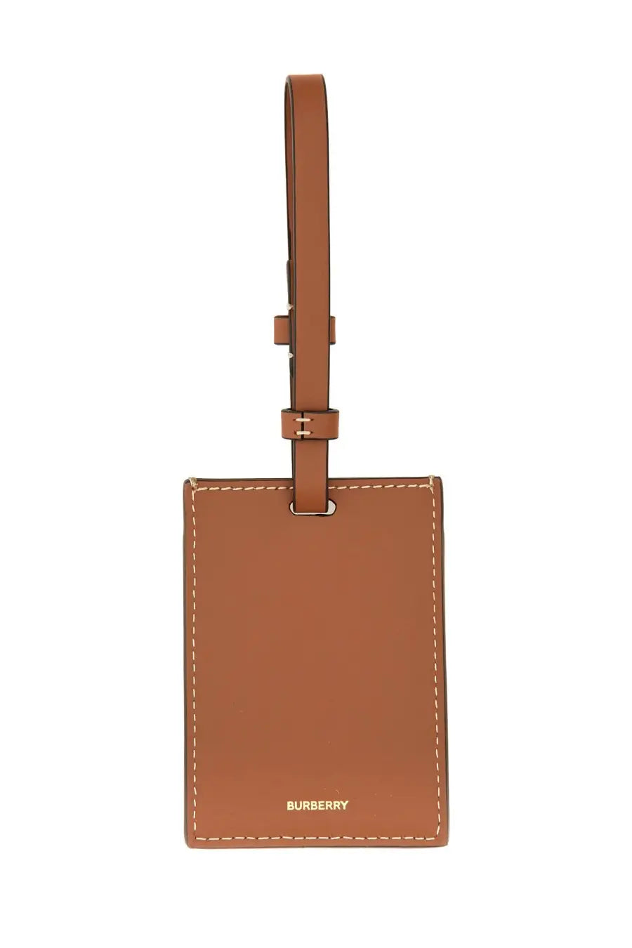 Burberry unisex tan leather luggage tag with gold-tone stitching strap and embossed logo for nameplate porte adresse check multicolor