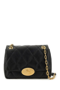 Burberry women’s strand small black quilted leather crossbody bag with gold chain strap and oval brass logo plaque