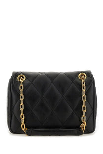 Burberry women’s bag strand small black quilted leather handbag with gold-tone chain straps visible from the front