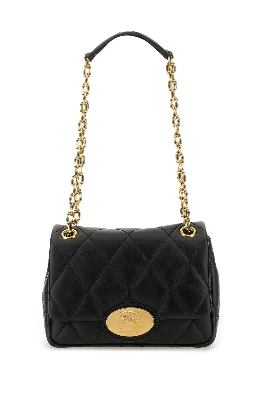 Burberry women’s strand small black bag in quilted leather with gold-tone chain strap and oval logo plaque