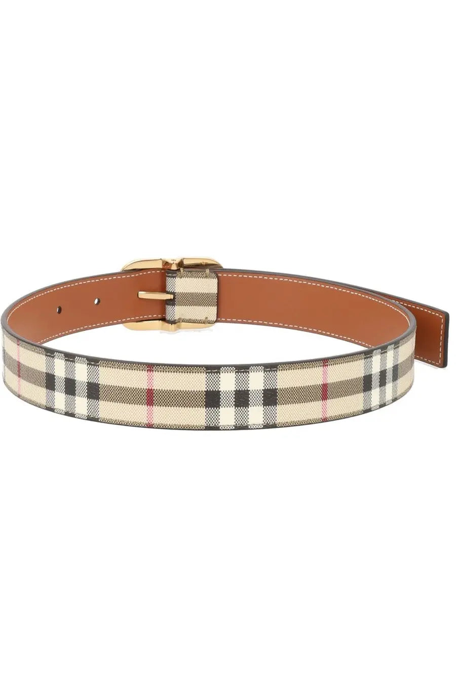 Burberry women’s belt check beige plaid leather belt in beige black and red with gold-tone buckle