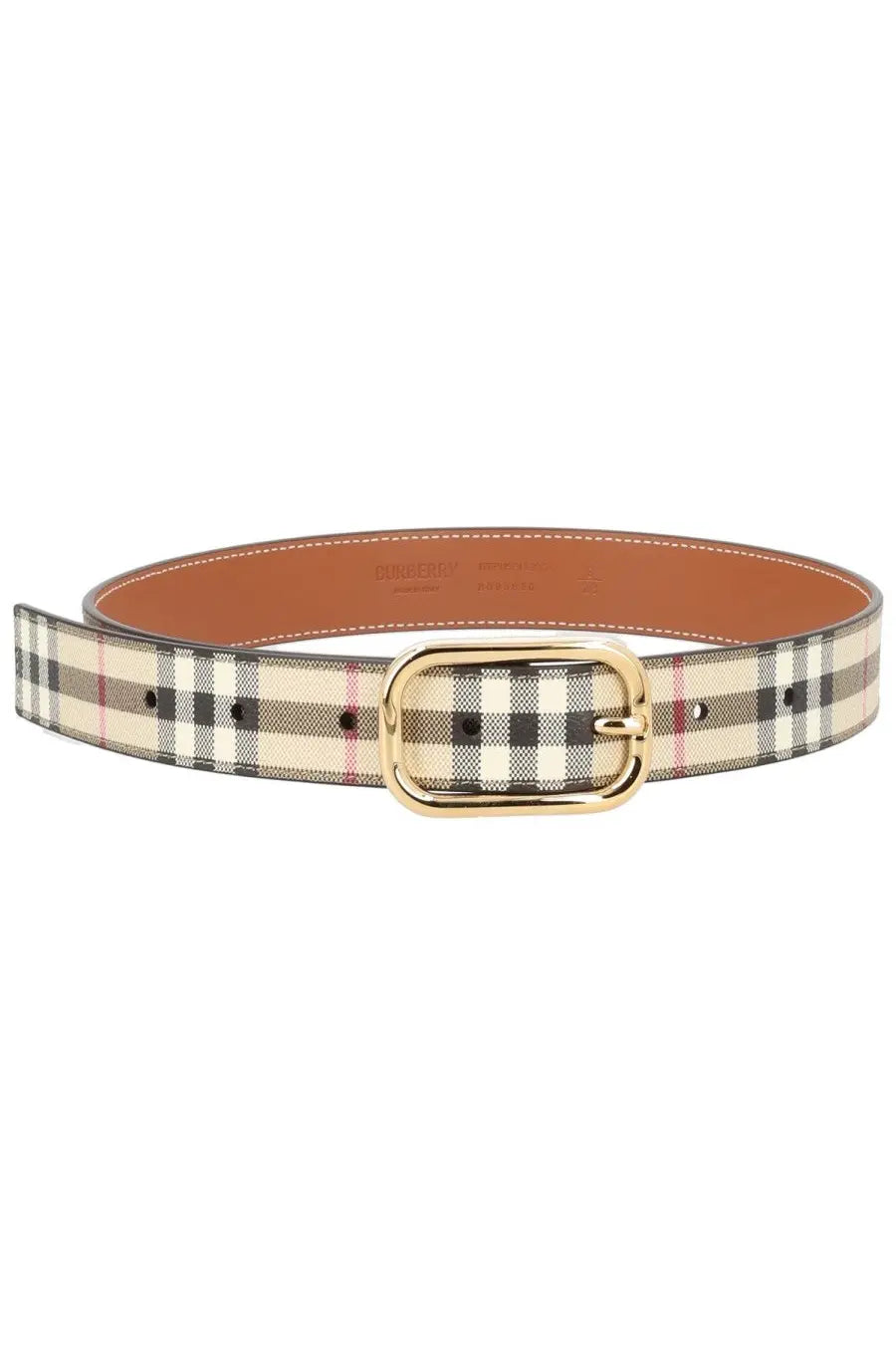 Burberry women’s belt check beige plaid leather belt with black red pattern and gold-tone buckle