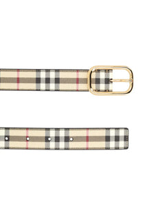 Burberry women’s beige check plaid leather belt with black white red pattern and gold tone buckle