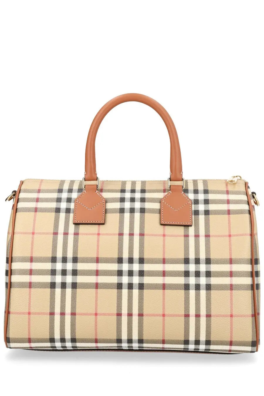 Beige and black checkered burberry women’s borsa bowling check medium satchel with tan leather handles and trim