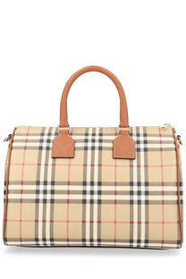 Beige and black checkered burberry women’s borsa bowling check medium satchel with tan leather handles and trim