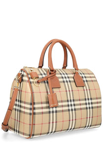 Burberry women’s borsa bowling medium beige check travel bag with black pattern and tan leather handles and straps