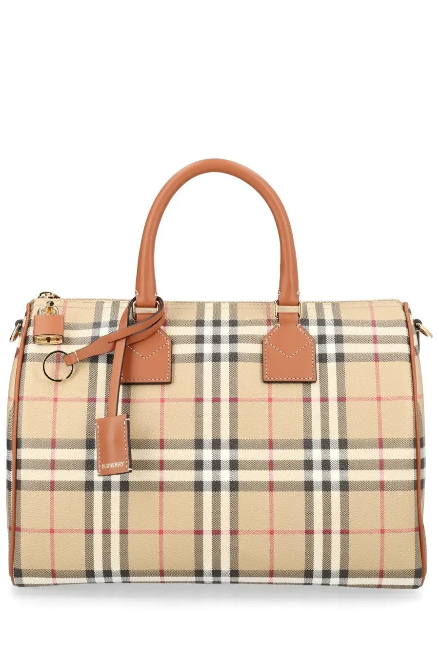 Beige black and red checkered Burberry women’s borsa bowling medium satchel with tan leather handles and accents
