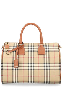 Beige black and red checkered Burberry women’s borsa bowling medium satchel with tan leather handles and accents