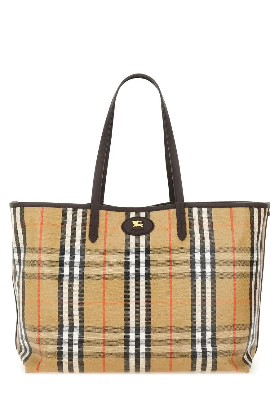 Burberry women’s borsa spalla tote in beige plaid canvas with black leather handles and gold-tone logo plaque