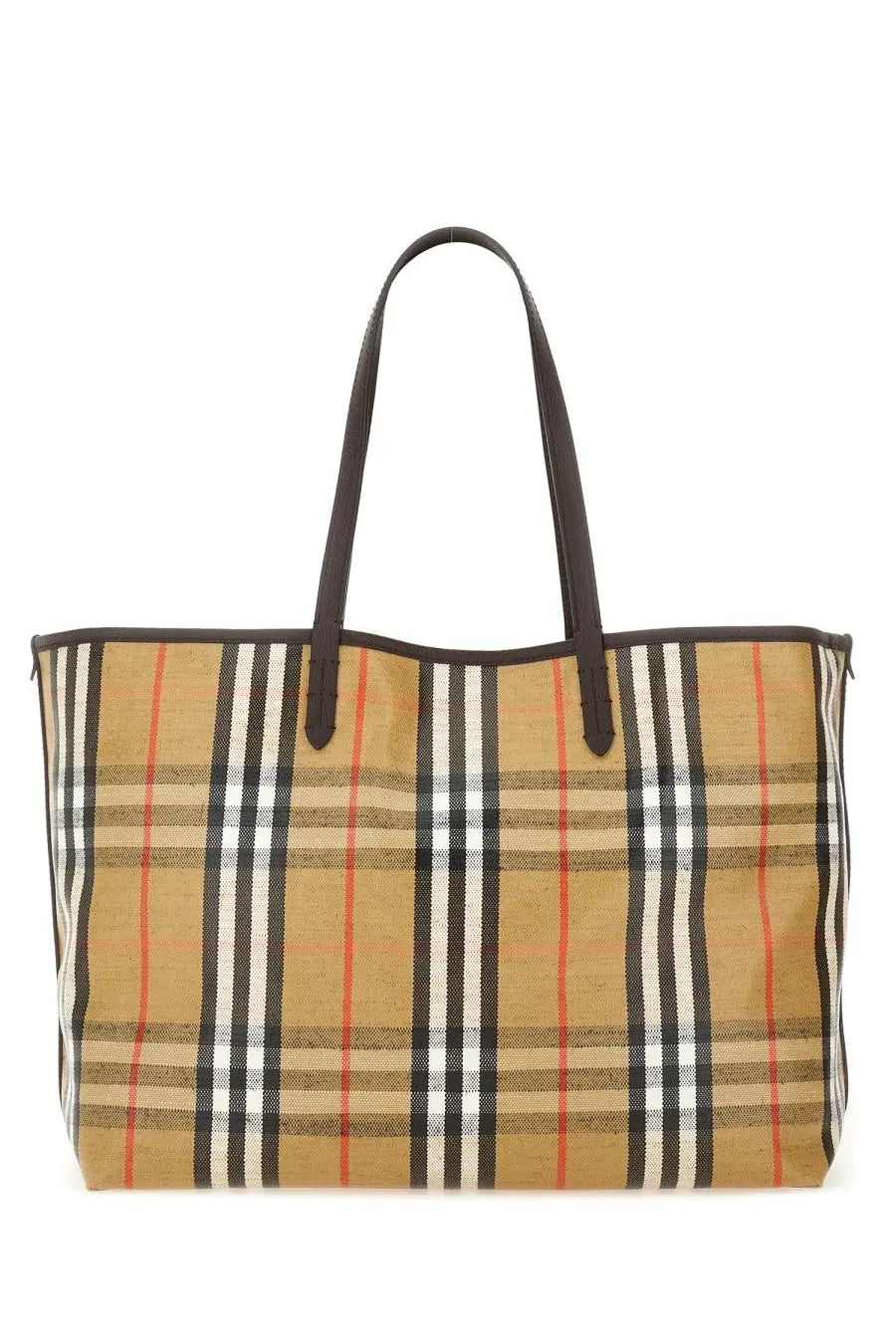 Burberry womens borsa spalla tote in beige black white and red plaid canvas with dark brown leather handles