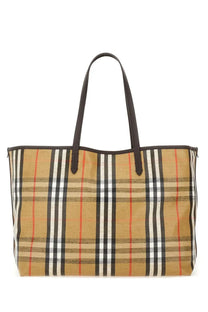 Burberry womens borsa spalla tote in beige black white and red plaid canvas with dark brown leather handles