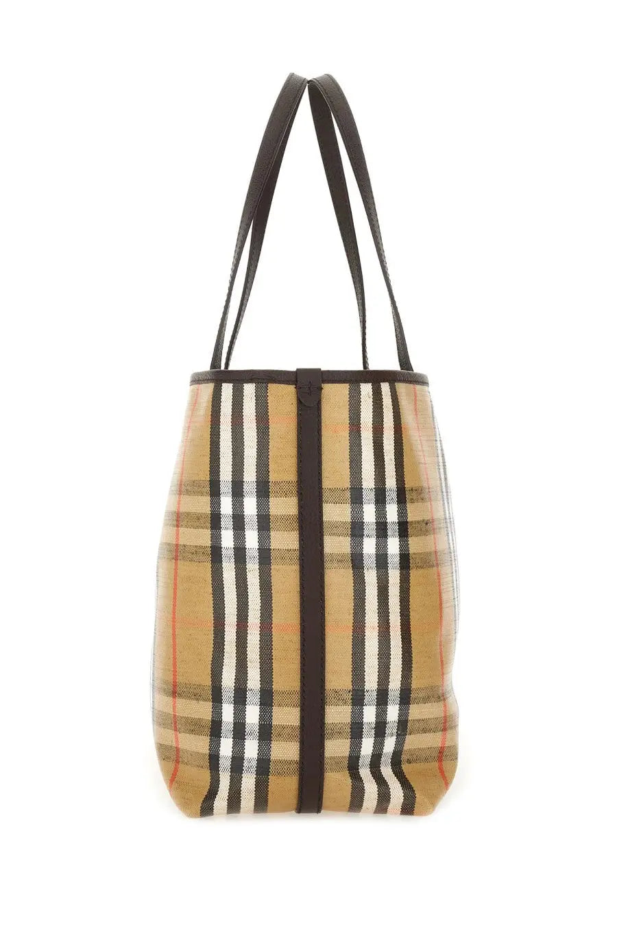 Burberry women’s borsa spalla tote in beige black white and red plaid canvas with dark brown leather handles