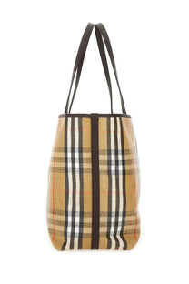 Burberry women’s borsa spalla tote in beige black white and red plaid canvas with dark brown leather handles