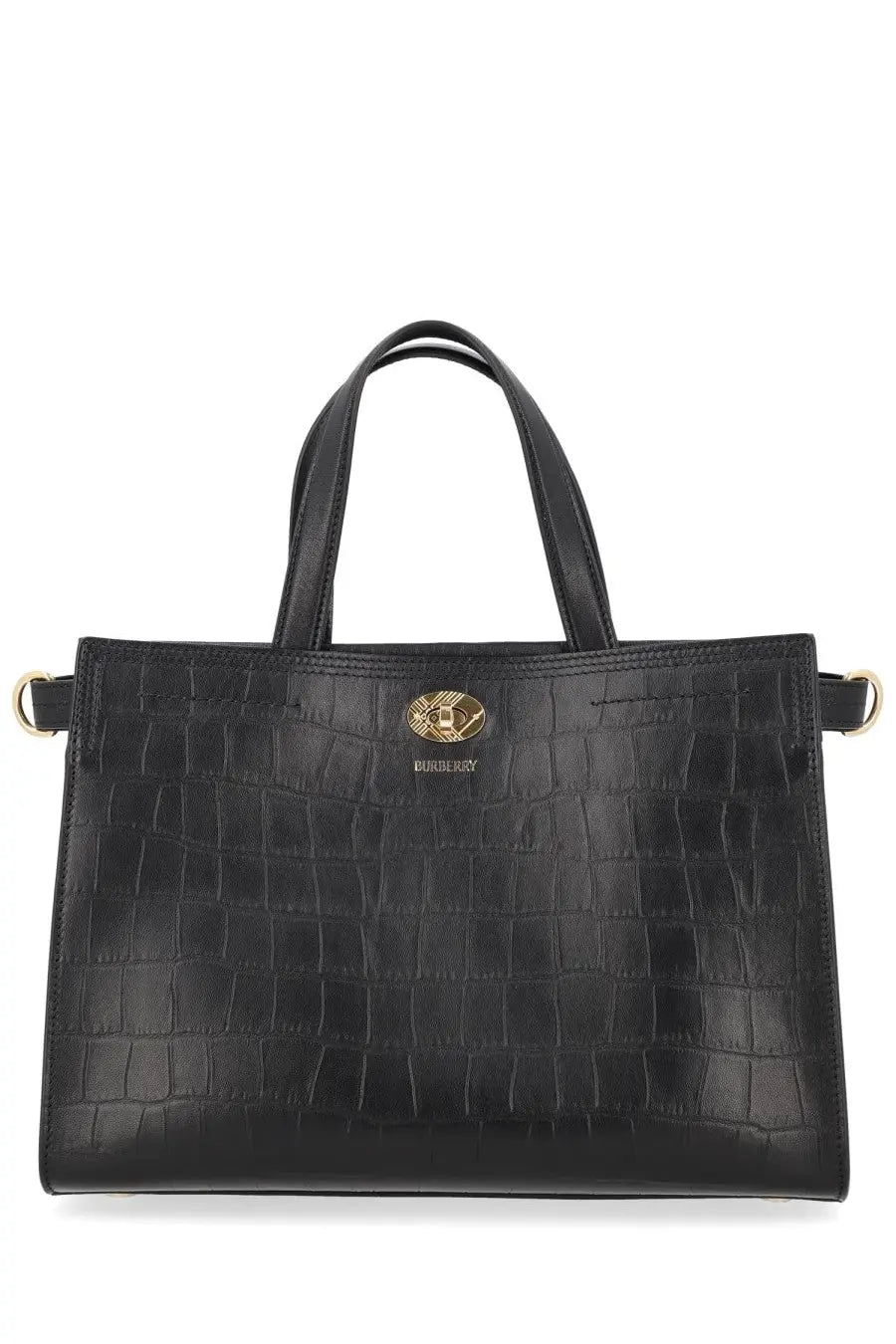 Burberry women’s borsa tote cotswolds small black black crocodile embossed leather bag with gold tone hardware
