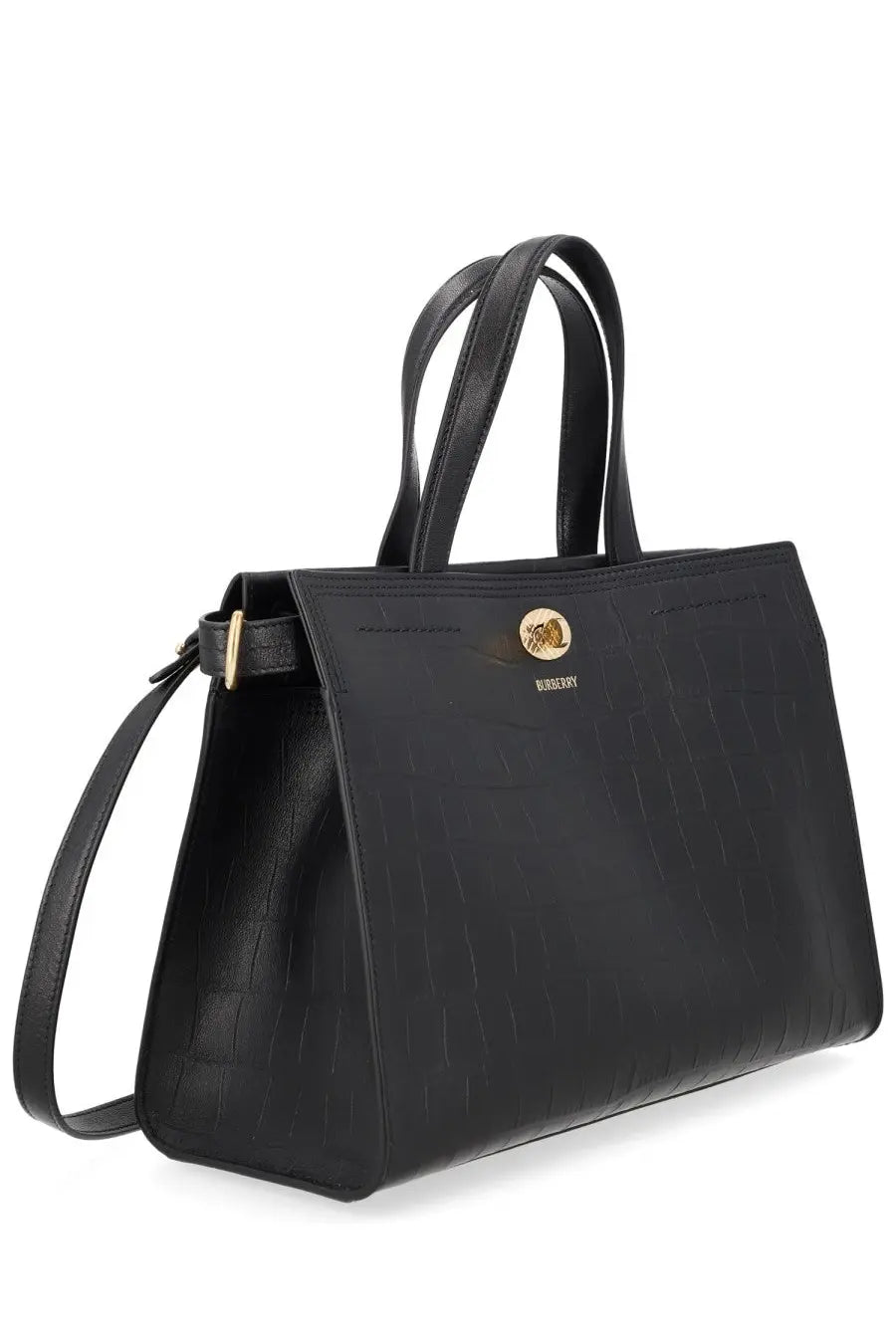 Burberry women’s borsa tote small black in black crocodile-embossed leather with gold hardware and circular logo plaque
