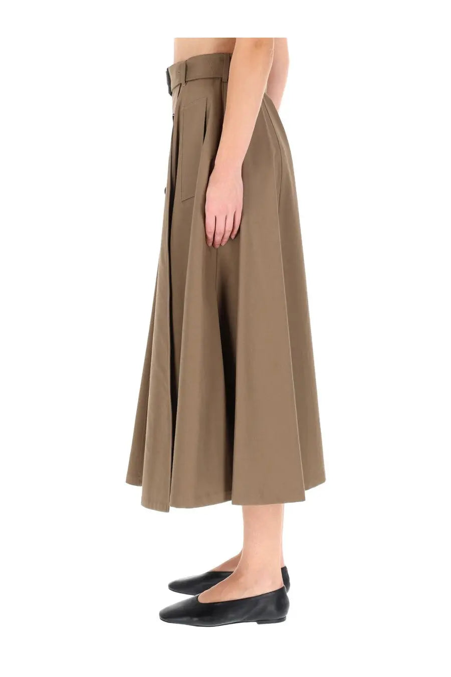 Burberry women’s brenda midi skirt brown a-line olive green smooth structured fabric belted waist with side pockets